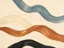 Lintvormen in de stijl Organic Geometry, in gedempt blauwgrijs, romige crème en terracotta, met een diepzwart accent