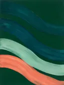 Lintvormen in de stijl Organic Geometry, in diep zeegroen, petrolblauw en bleek zeeschuim, met een warm koraalrood accent