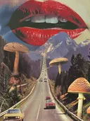 Surrealistisch schilderij van reuzenlippen boven bergweg met paddenstoelen