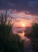 Schilderij van lisdodden bij zonsondergang in een paarse avondlucht