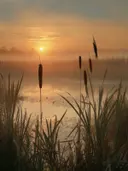 Schilderij van lisdodden bij zonsopgang aan het water