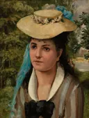 Lise in a Straw Hat (Jeune fille au chapeau de paille) van Pierre-Auguste Renoir: portret met vrouw, strohoed, sluier en bomen, in warm geel met groen