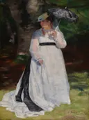 Lise met parasol van Pierre-Auguste Renoir: portret met vrouw, witte jurk, parasol en bos, in wit met donkergroen