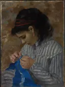 Lise Sewing van Pierre-Auguste Renoir: portret met vrouw, naaien, gestreepte blouse en handwerk, in gedempt bruin met blauw