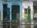 Little Cobbler's Shop van Childe Hassam: stad met winkel, gevel, mensen en straat, in blauw en groen