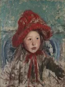 Little Girl in a Large Red Hat van Mary Cassatt: portret met meisje, rode hoed, kind en strik, in rood en blauw