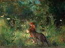 Little Red Riding Hood 1881 van Carl Larsson: figuren met meisje, wolf, gras en bos, in donkergroen met rood