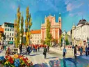 Ljubljana, Drie Bruggen in kleurrijk modern, schilderij van Ljubljana