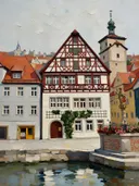 Ljubljana, Preseren plein in paletmes, schilderij van Ljubljana