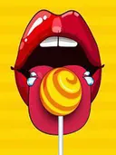Pop-art illustratie van rode lippen met een lolly en traandruppels
