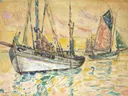 (Lomalo).webp van Paul Signac: zee met vissersboten, zeilen, water en masten, in warm geel met turquoise