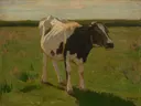 Lopende koe van Anton Mauve: dieren met koe, weiland, gras en wolken, in groen en wit