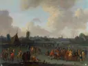 Los patinadores van Pieter Bout: landschap met schaatsers, ijs, winter en molen, in gedempt grijs en bruin