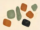 Losse kiezelstenen in de stijl Organic Geometry, in saliegroen, romige crème en terracotta, met een diepzwart accent