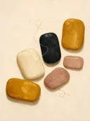 Losse kiezelstenen in de stijl Organic Geometry, in warm oker, zachte crème en verstoft roze, met een diepzwart accent