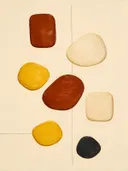 Losse kiezelstenen in de stijl Organic Geometry, in diep roest, mosterdgeel en romige crème, met een diepzwart accent