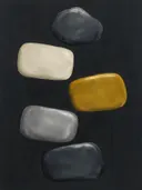 Losse kiezelstenen in de stijl Organic Geometry, in grafiet, zilvergrijs en bleek been, met een mosterdgeel accent