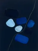 Losse kiezelstenen in de stijl Organic Geometry, in middernachtindigo, kobalt en bleek ijsblauw, met een dunne gouden lijn