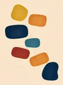 Losse kiezelstenen in de stijl Organic Geometry, in gedurfd marineblauw, mosterdgeel, warm oranje, baksteenrood en petrolblauw
