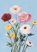 Schilderij van losse lentebloemen op blauwe achtergrond