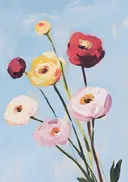 Schilderij van losse pioenrozen op blauwe achtergrond