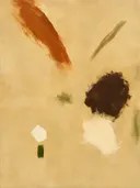 Losse streken op warm beige, abstract schilderij met brede penseelstreken