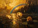 Lotus aan de bosrand in goudoker, schilderij van lotus tegen de lucht