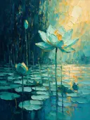 Schilderij van lotus aan de bosrand in turkoois, in vlakke kleurvlakken