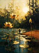 Lotus aan de bosrand in zwartgoud, schilderij van lotus tegen de lucht