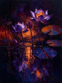 Lotus aan de oever in paarsoranje, schilderij van lotus onder de hemel