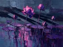 Schilderij van lotus aan de oever in violet, in vlakke kleurvlakken