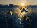 Schilderij van lotus in de weide in inktblauw, in vlakke kleurvlakken