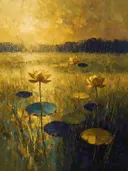 Lotus in de weide in mosterd, schilderij van lotus