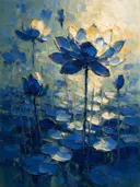 Schilderij van lotus in diepblauw, in vlakke kleurvlakken