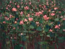 Lotus in groenroze, schilderij van lotus van dichtbij