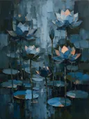 Schilderij van lotus in groepjes in leisteen, in vlakke kleurvlakken