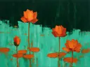 Schilderij van lotus in groepjes in roestturkoois, in vlakke kleurvlakken