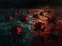 Schilderij van lotus in het landschap in bordeaux, in vlakke kleurvlakken