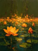 Schilderij van lotus in het landschap in saffraan, in vlakke kleurvlakken