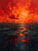Lotus in het landschap in vuur, schilderij van lotus