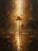 Schilderij van lotus in kopergloed, in vlakke kleurvlakken