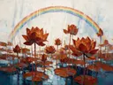 Schilderij van lotus in roest, in vlakke kleurvlakken