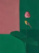 Schilderij van lotus in smaragd en oud roze, in vlakke kleurvlakken