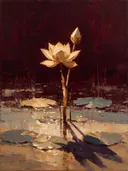 Lotus in zandduin, schilderij van lotus van dichtbij