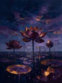 Schilderij van lotus onder de hemel in aubergine, in vlakke kleurvlakken