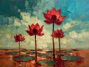Lotus onder de hemel in karmozijn, schilderij van lotus onder de hemel