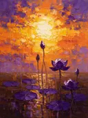 Lotus onder de hemel in paarsoranje, schilderij van lotus onder de hemel