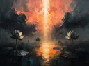 Lotus onder een storm in antracietkoraal, schilderij van lotus onder een storm