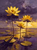 Schilderij van lotus onder een storm in zwavelviolet, in vlakke kleurvlakken