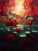 Schilderij van lotus op de helling in wijnmint, in vlakke kleurvlakken